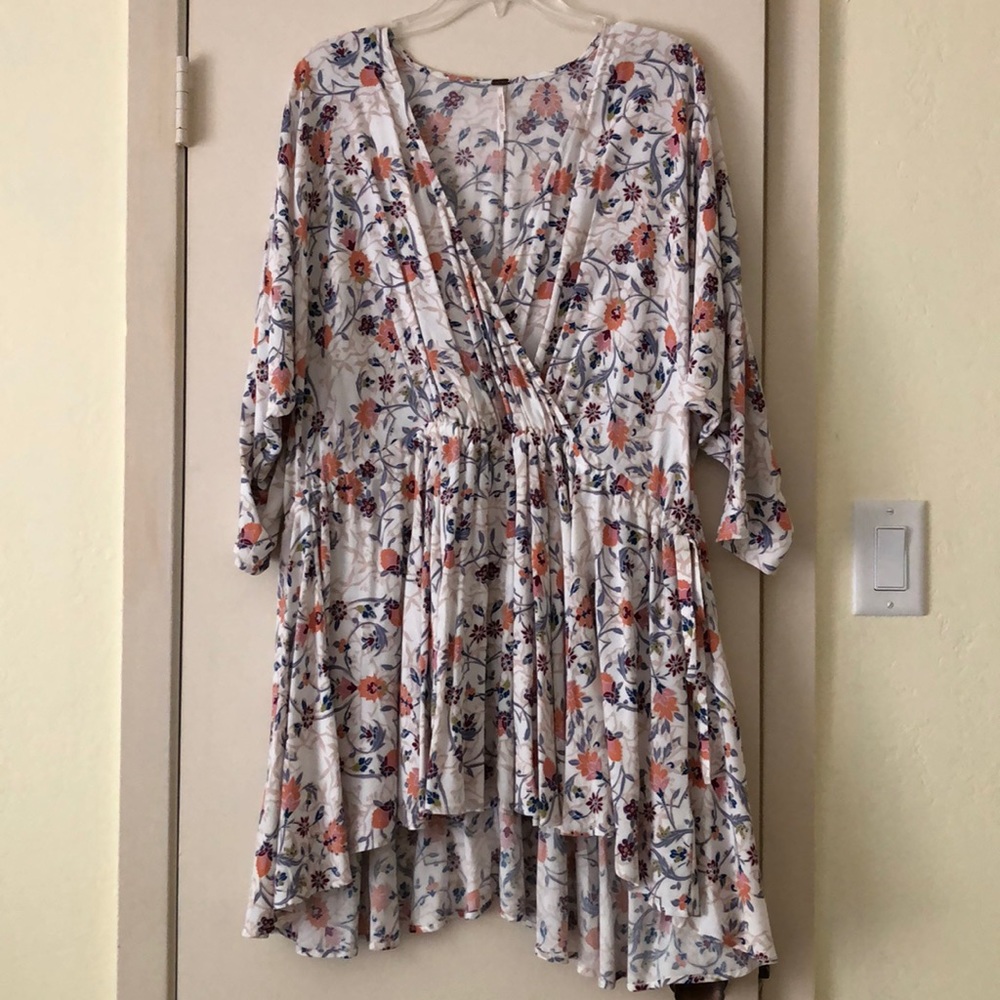 Free People White Floral Wrap Mini Dress with Orange and Blue Flowers